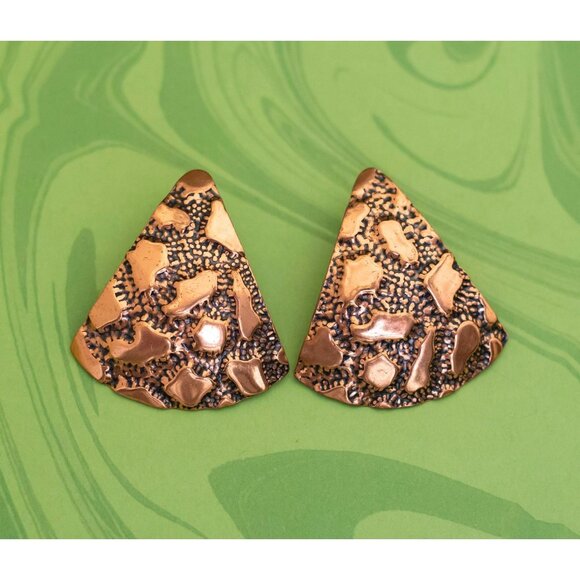 Vintage Intricate Pizza Shape Copper Stud Earrings - W4 - Picture 1 of 2